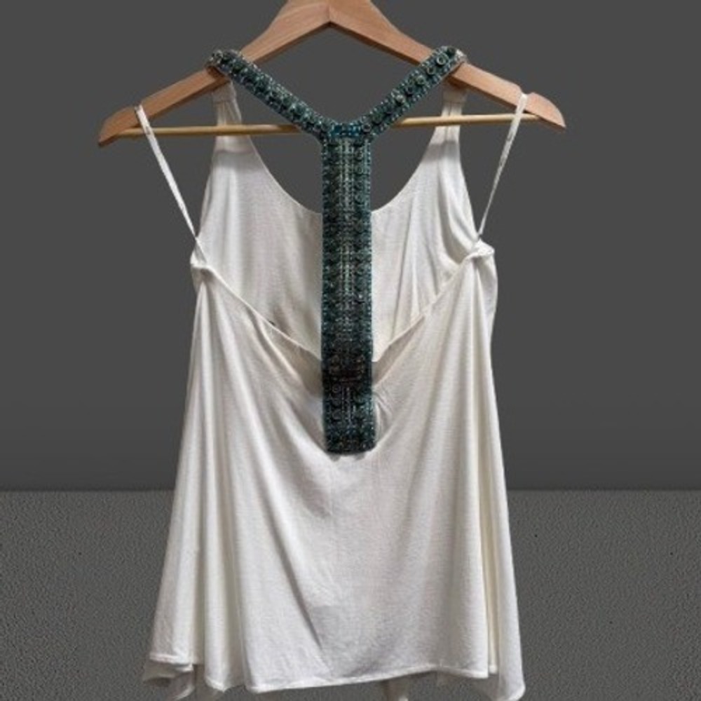 NEW Sky White Embellished T-Back Tank Top Turquoise Beaded XS